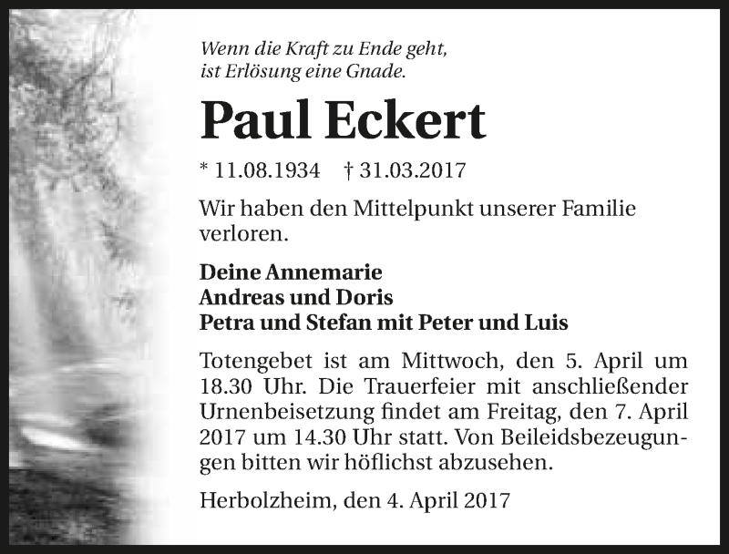 Traueranzeige für Paul Eckert vom 04.04.2017 aus 