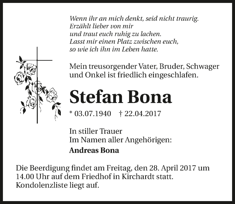  Traueranzeige für Stefan Bona vom 27.04.2017 aus 