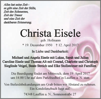 Traueranzeige von Christa Eisele 