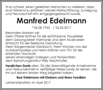 Traueranzeige von Manfred Edelmann 