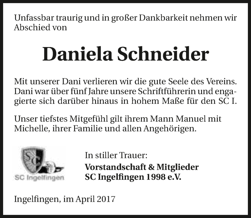  Traueranzeige für Daniela Schneider vom 06.04.2017 aus 