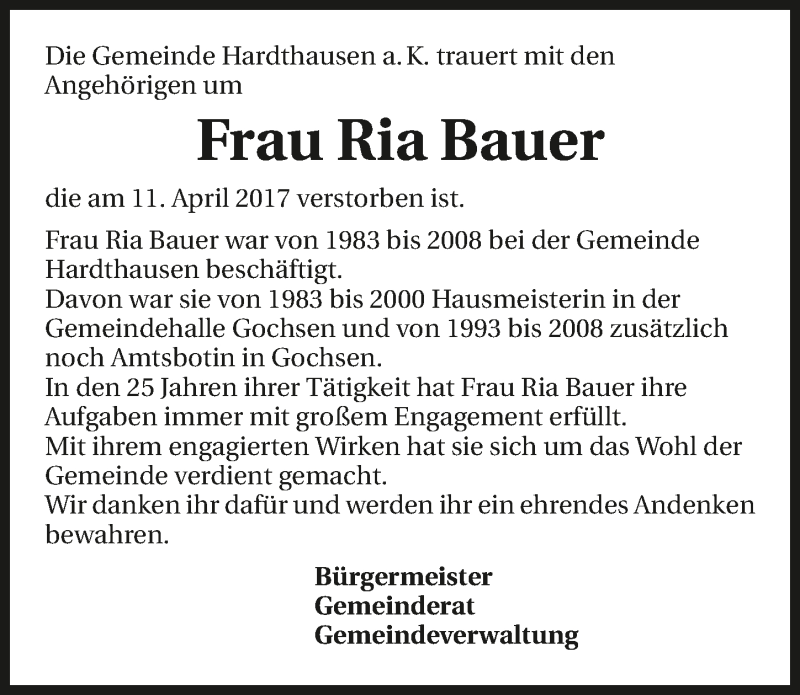  Traueranzeige für Ria Bauer vom 18.04.2017 aus 