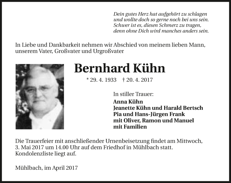  Traueranzeige für Bernhard Kühn vom 29.04.2017 aus 
