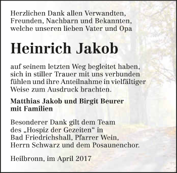 Traueranzeige von Heinrich Jakob 