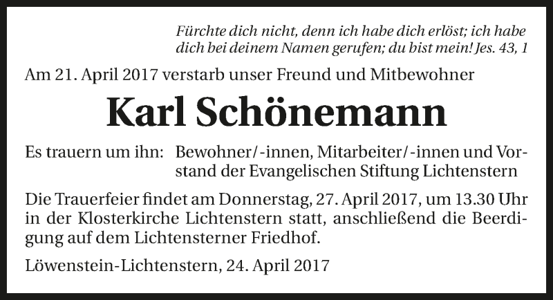  Traueranzeige für Karl Schönemann vom 25.04.2017 aus 