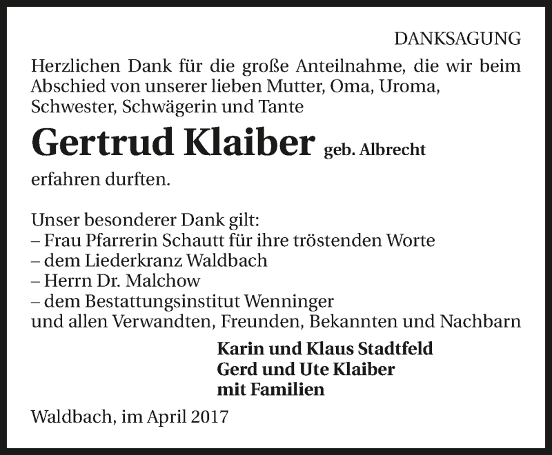  Traueranzeige für Gertrud Klaiber vom 29.04.2017 aus 