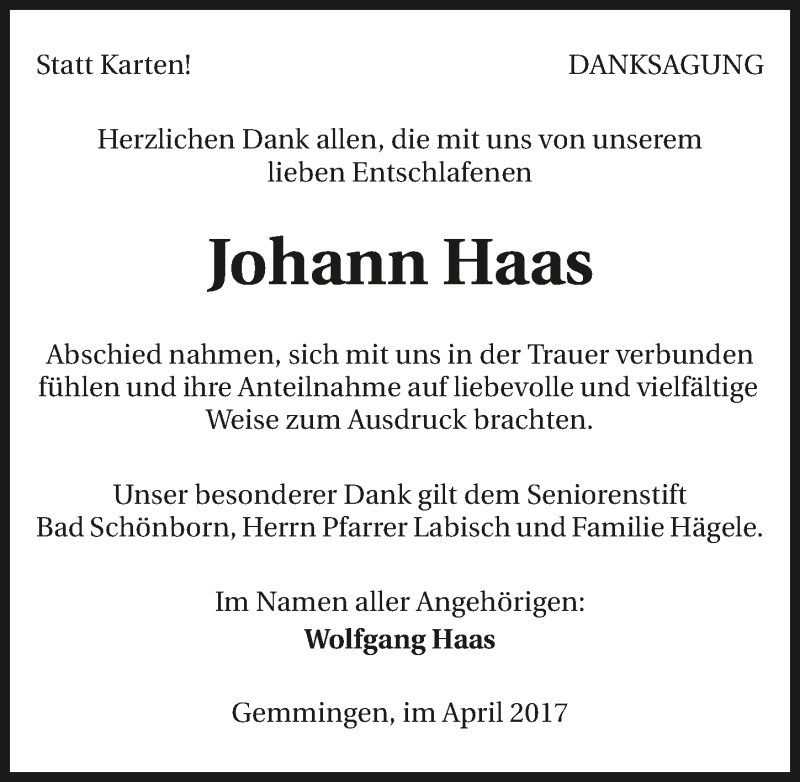  Traueranzeige für Johann Haas vom 21.04.2017 aus 