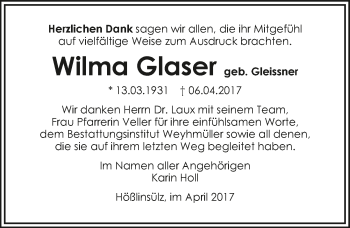 Traueranzeige von Wilma Glaser 