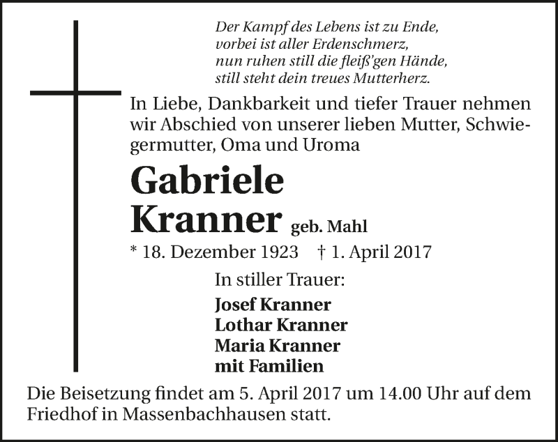  Traueranzeige für Gabriele Kranner vom 04.04.2017 aus 