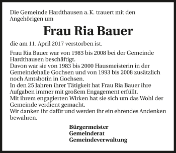 Traueranzeige von Ria Bauer 
