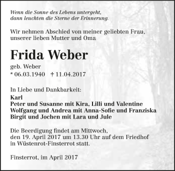 Traueranzeige von Frida Weber 