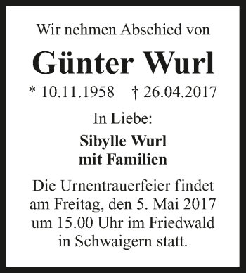 Traueranzeige von Günter Wurl 