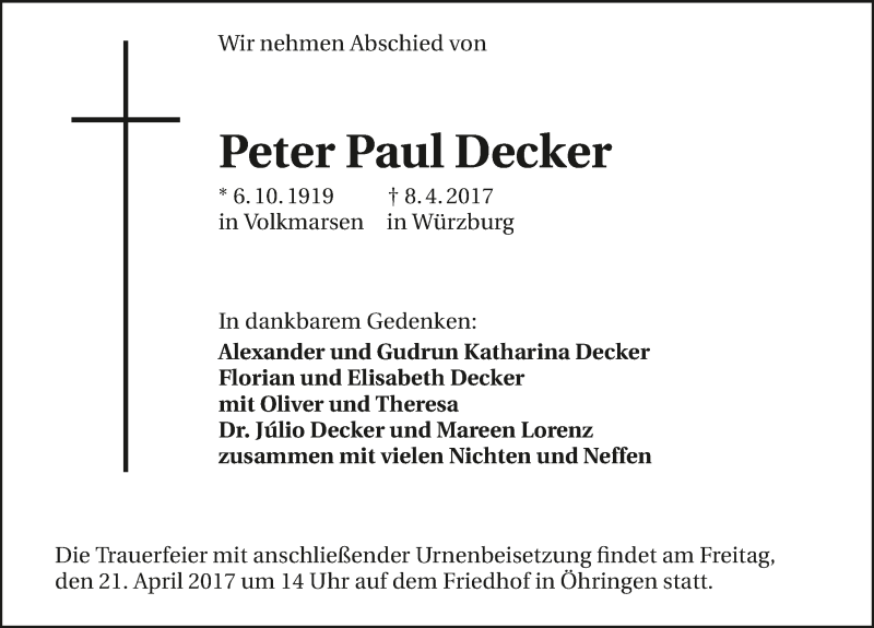  Traueranzeige für Peter Paul Decker vom 19.04.2017 aus 