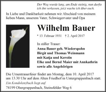 Traueranzeige von Wilhelm Bauer 