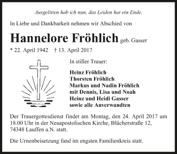 Traueranzeige von Hannelore Fröhlich