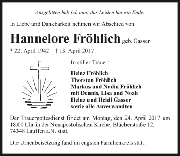 Traueranzeige von Hannelore Fröhlich 