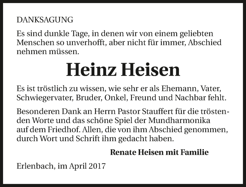  Traueranzeige für Manfred Heisen vom 29.04.2017 aus 