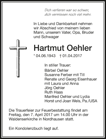 Traueranzeige von Hartmut Oehler 