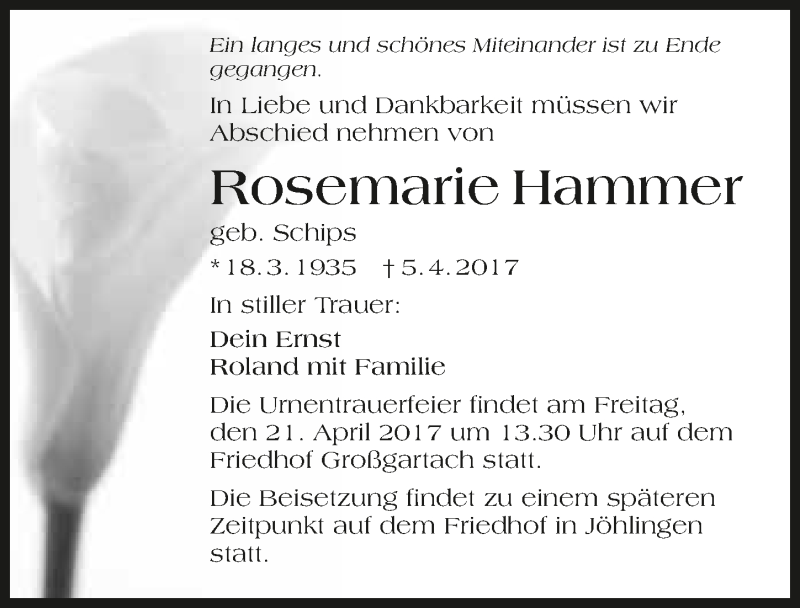  Traueranzeige für Rosemarie Hammer vom 19.04.2017 aus 