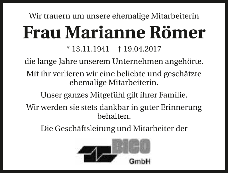  Traueranzeige für Marianne Römer vom 25.04.2017 aus 