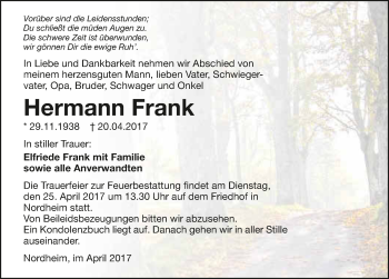Traueranzeige von Hermann Frank 