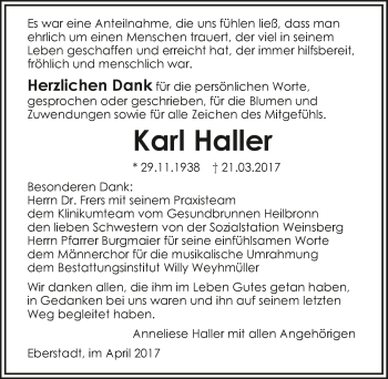 Traueranzeige von Karl Haller 