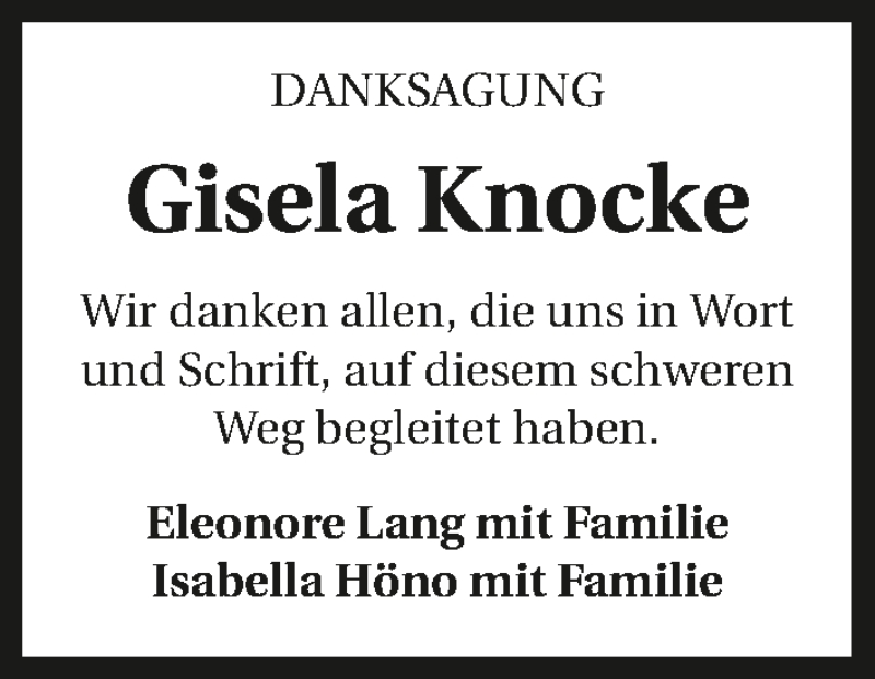  Traueranzeige für Gisela Knocke vom 15.04.2017 aus 