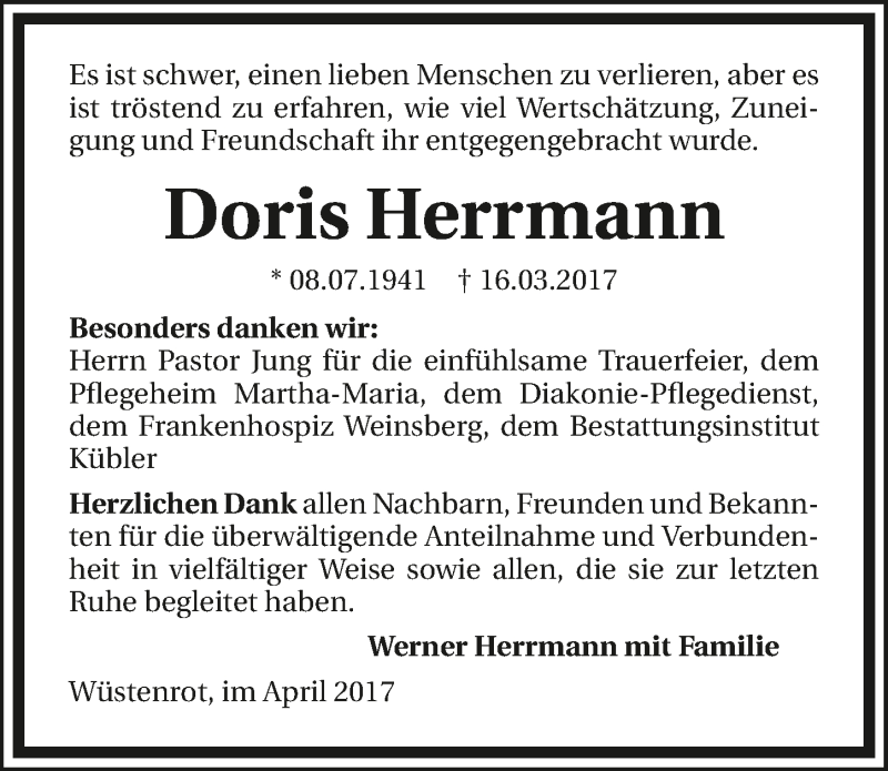  Traueranzeige für Doris Herrmann vom 20.04.2017 aus 