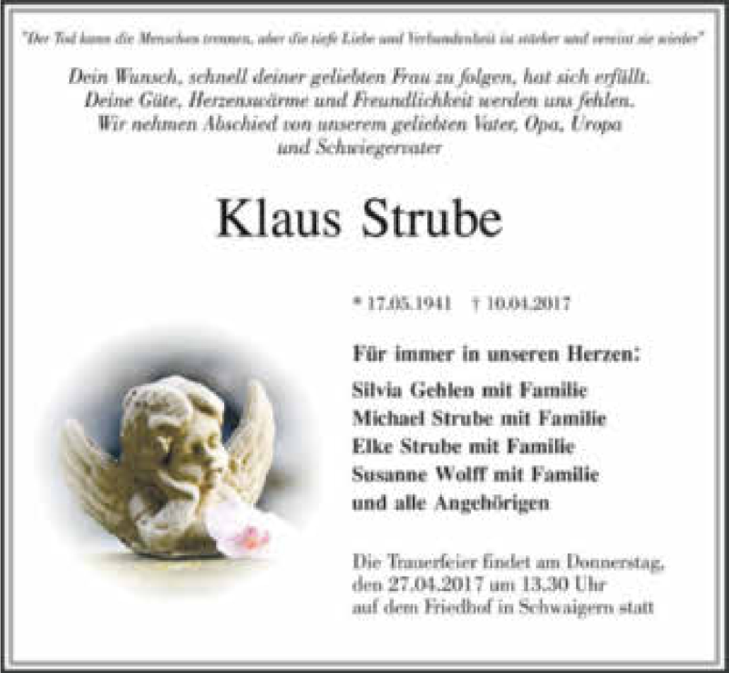  Traueranzeige für Klaus + Barbara Strube vom 22.04.2017 aus 