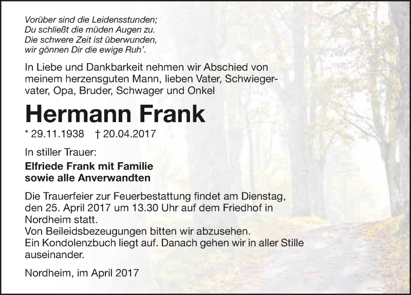  Traueranzeige für Hermann Frank vom 22.04.2017 aus 