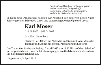 Traueranzeige von Karl Moser 