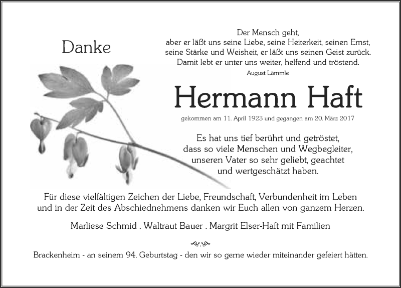  Traueranzeige für Hermann Haft vom 11.04.2017 aus 