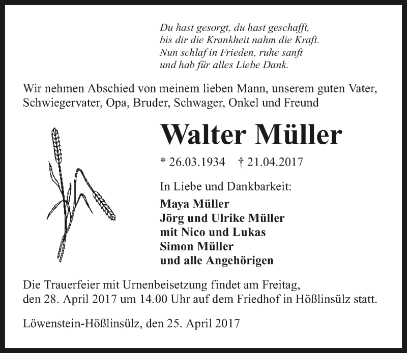  Traueranzeige für Walter Müller vom 25.04.2017 aus 