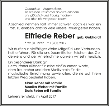 Traueranzeige von Elfriede Reber 