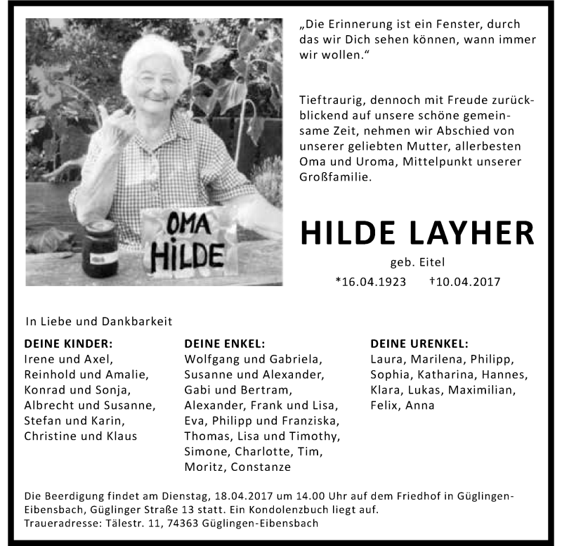 Traueranzeige für Hilde Layher vom 12.04.2017 aus 