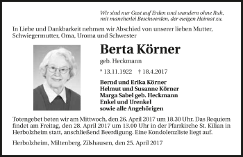 Traueranzeige von Berta Körner 