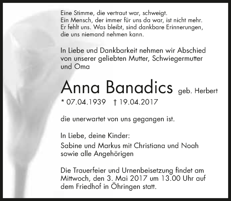  Traueranzeige für Anna Banadics vom 28.04.2017 aus 
