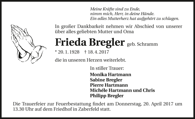  Traueranzeige für Frieda Bregler vom 19.04.2017 aus 