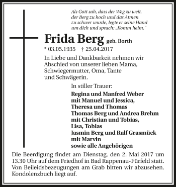 Traueranzeige von Frida Berg 