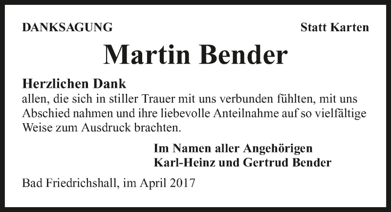  Traueranzeige für Martin Bender vom 15.04.2017 aus 