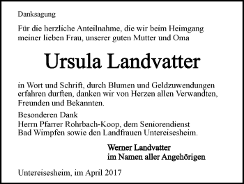 Traueranzeige von Ursula Landvatter 