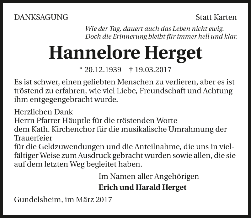  Traueranzeige für Hannelore Herget vom 08.04.2017 aus 