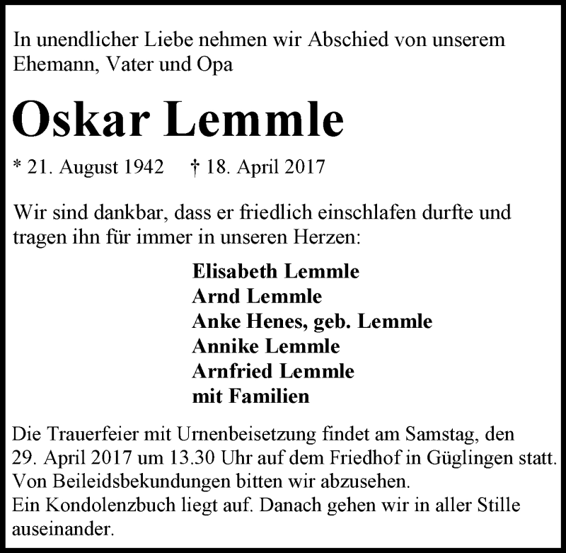  Traueranzeige für Oskar Lemmle vom 24.04.2017 aus 