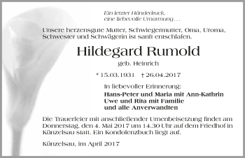 Traueranzeige von Hildegard Rumhold 