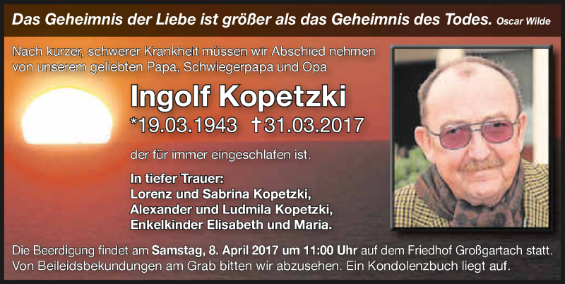  Traueranzeige für Ingolf Kopetzki vom 06.04.2017 aus 