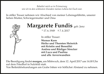 Traueranzeige von Margarete Fundis 