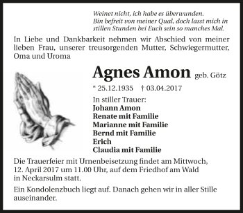 Traueranzeige von Agnes Amon 
