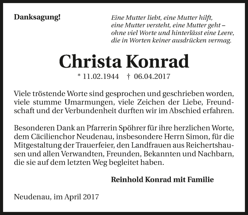  Traueranzeige für Christa Konrad vom 22.04.2017 aus 