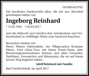 Traueranzeige von Ingeborg Reinhard 