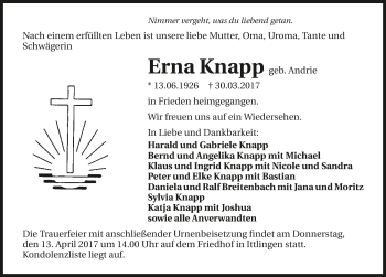 Traueranzeige von Erna Knapp 